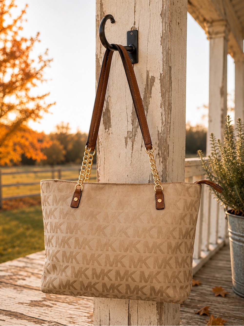 Michael Kors Large Beige MK Logo Tote Bag Chain Strap Shoulder Purse Tan